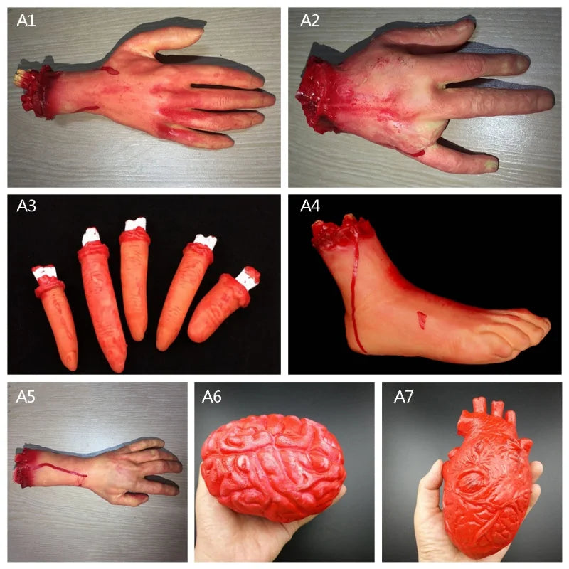 Accesorios de terror para Halloween, mano sangrienta, casa embrujada, decoración de fiesta, mano falsa aterradora, dedo, pierna, pie, cerebro, corazón, suministros de Halloween