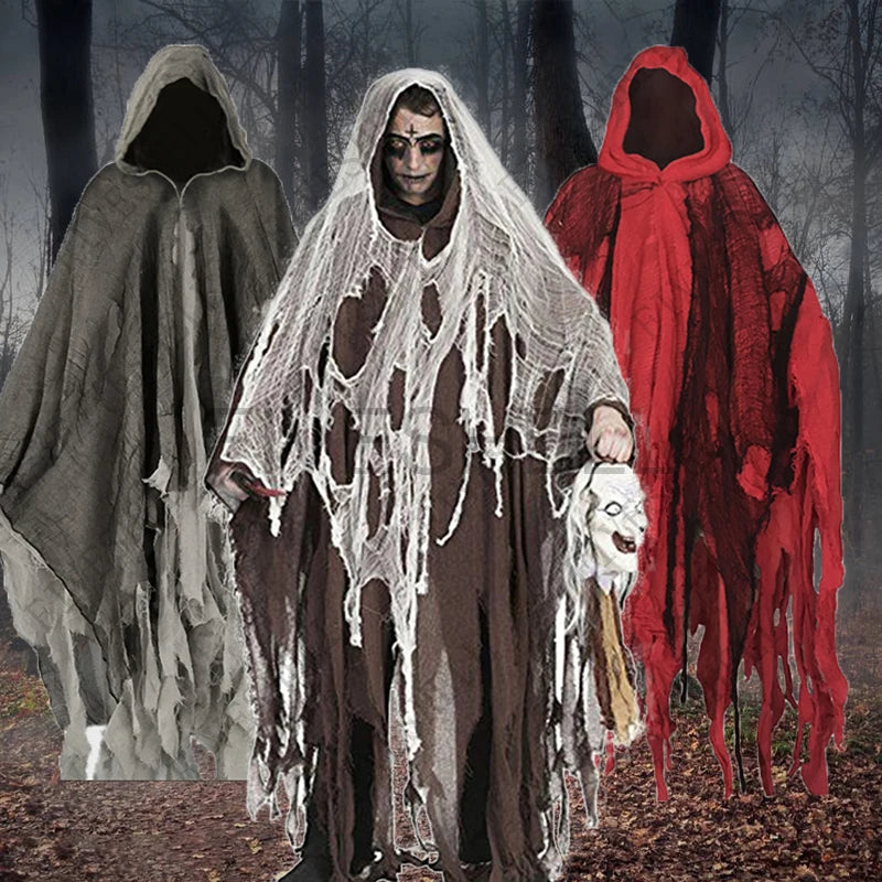 Disfraz de fantasma de Halloween Unisex, capa con capucha, accesorios de fiesta del Día de los muertos