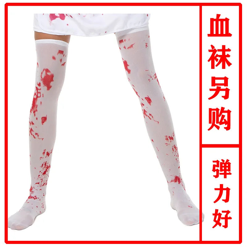 Disfraz de enfermera de zombis aterrador para adultos, vestido blanco Sexy, fiesta de Halloween, Cosplay, diseño de salpicaduras espeluznantes, el más nuevo traje de Halloween para mujer