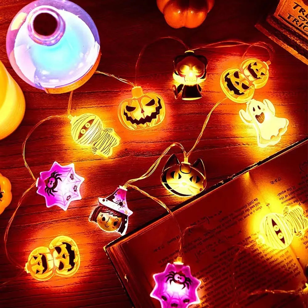 Luces de cadena LED para decoración de Halloween, lámpara colgante de telaraña fantasma de calabaza, accesorios de linterna para el hogar y al aire libre