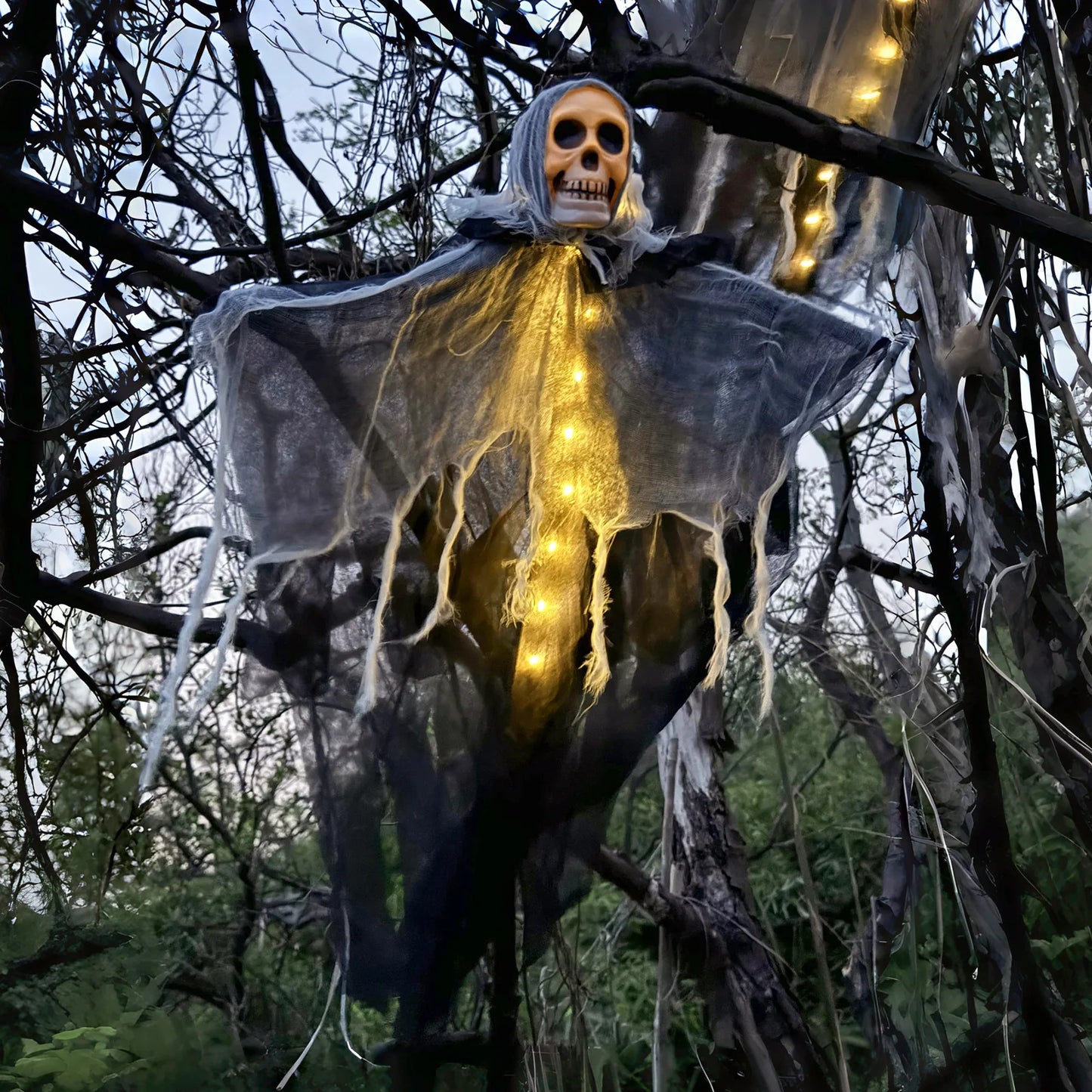 Fantasma esqueleto de decoración de Halloween con LED, luces de cadena fantasma de decoración de Halloween para uso exterior e interior en jardines