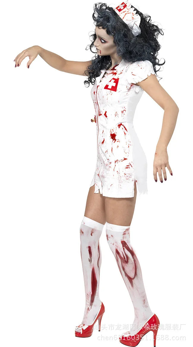 Disfraz de enfermera de zombis aterrador para adultos, vestido blanco Sexy, fiesta de Halloween, Cosplay, diseño de salpicaduras espeluznantes, el más nuevo traje de Halloween para mujer