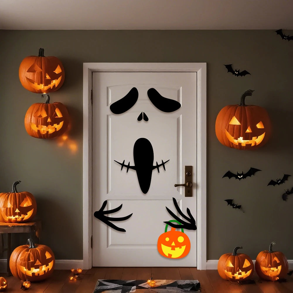 Decoración de Halloween pegatinas de puerta decoración de ventana esqueleto mano calabaza DIY diablo sombrero de bruja pegatinas de ventana de vidrio decoraciones para el hogar