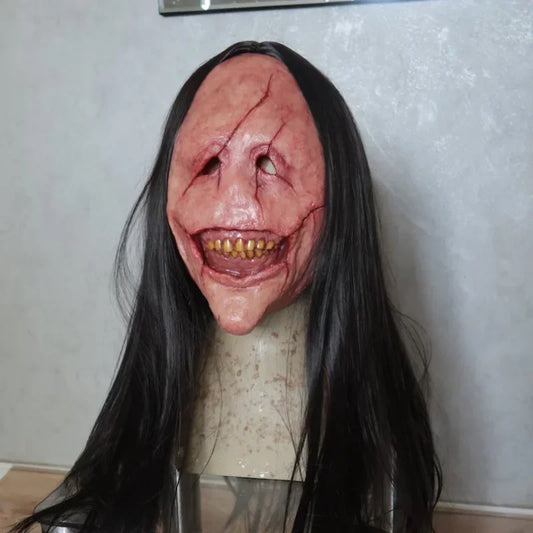 Máscara de diablo de pelo largo de terror de Halloween, máscara de diablo de cara roja, máscara de pelo largo de látex, fiesta temática