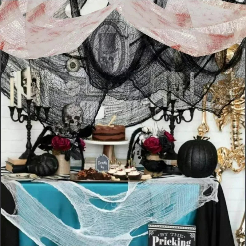 Tela de gasa espeluznante sangrienta para Halloween, gasa negra grande, tela de sangre espeluznante para fiesta de Halloween, decoración del patio al aire libre del hogar