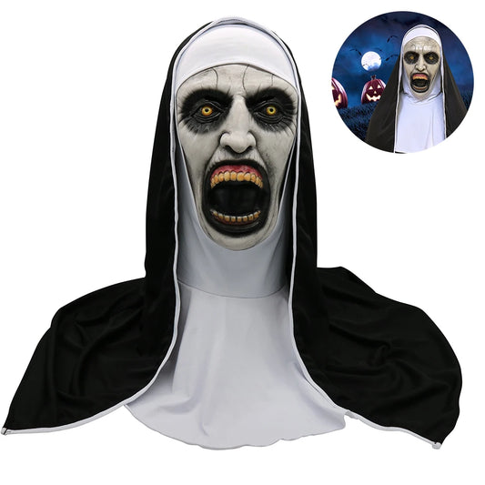 ZK20 Máscara de terror de monja de Halloween, máscaras de látex aterradoras para Cosplay con pañuelo para la cabeza, casco de cara completa, accesorios para fiesta de Halloween