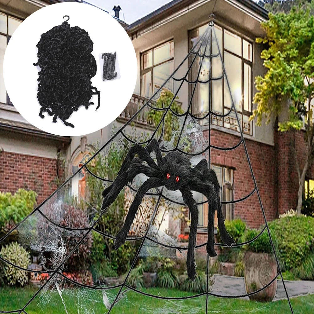 Telaraña triangular de Halloween, telaraña de simulación de felpa grande de 5m, accesorios de decoración de patio al aire libre para el hogar embrujado