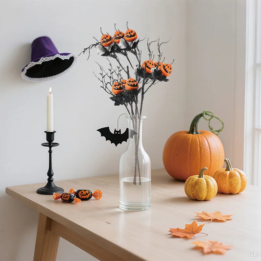 Calabaza de Halloween, decoración de rama de hoja de arce negra, ramo de calabaza, jarrón, decoración artesanal, adorno de Casa Encantada, accesorios para fiesta de Halloween