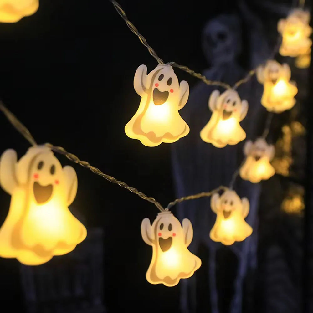 Luces de cadena LED para decoración de Halloween, lámpara colgante de telaraña fantasma de calabaza, accesorios de linterna para el hogar y al aire libre
