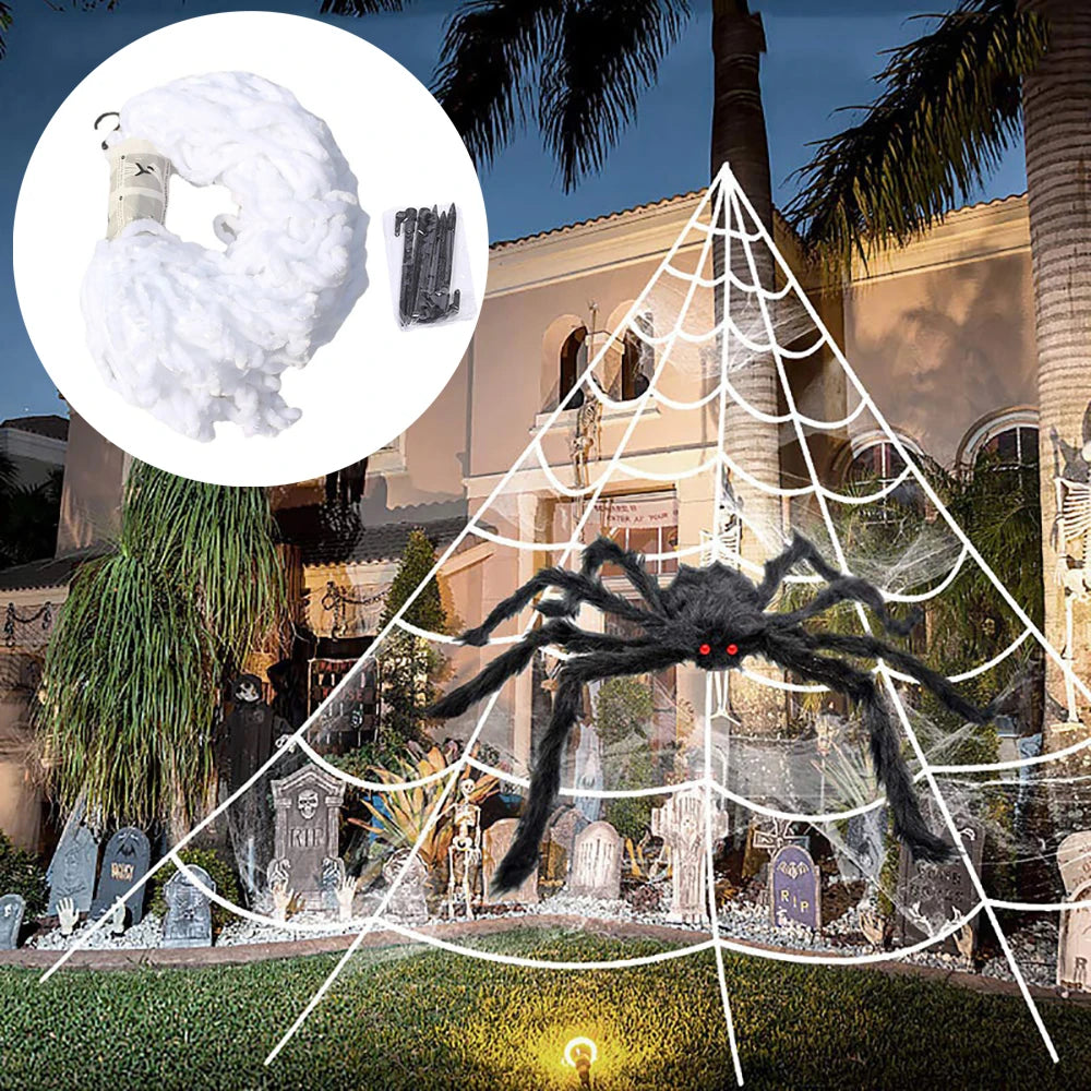 Telaraña triangular de Halloween, telaraña de simulación de felpa grande de 5m, accesorios de decoración de patio al aire libre para el hogar embrujado