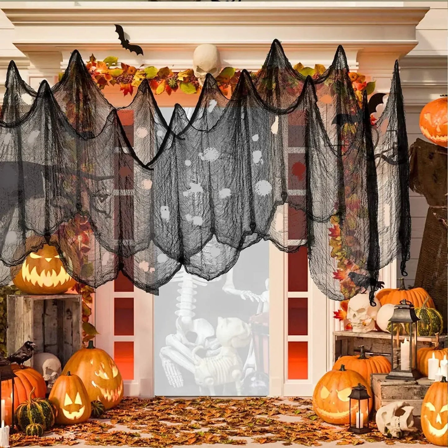 76x183cm decoraciones de Halloween tela de gasa espeluznante negra ventana mesa puerta red espeluznante vestido de lujo fiesta decoración de pared de Casa Encantada