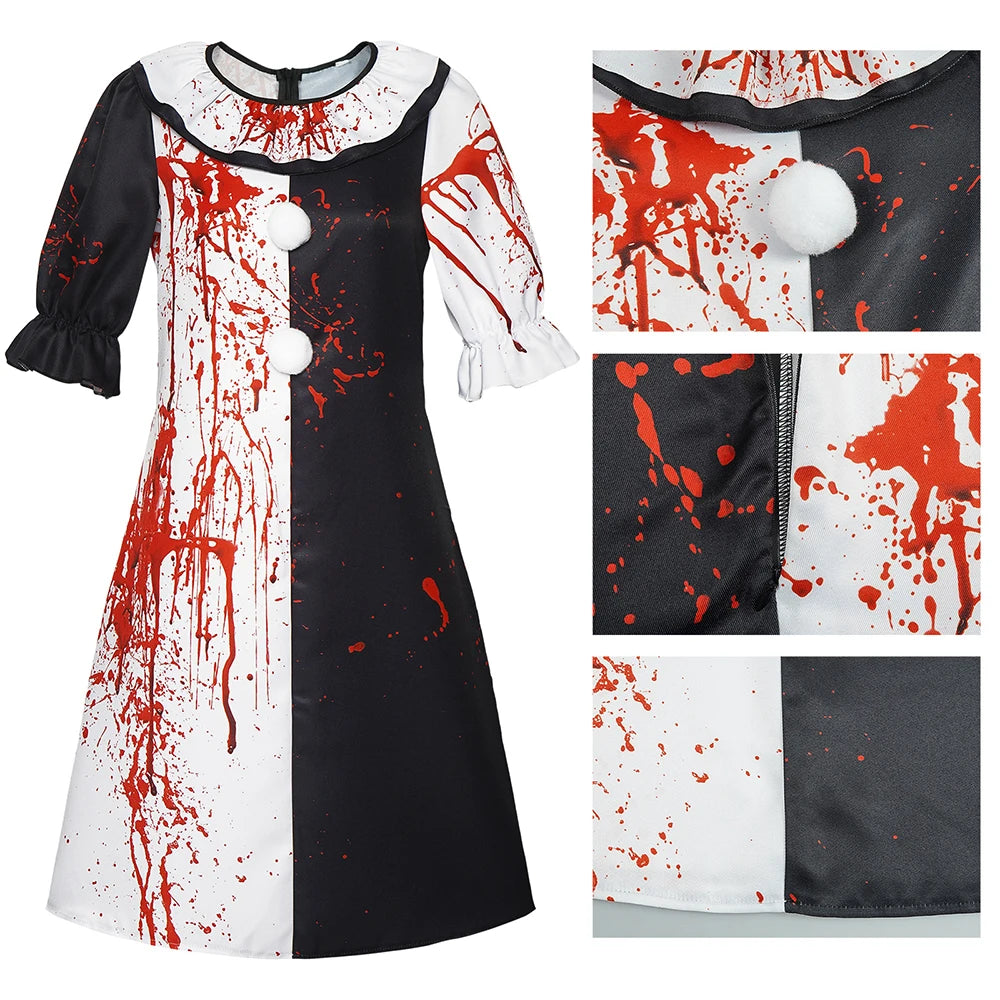 Disfraz de payaso terrorífico de película, vestido de mujer adulta, mono para hombre, mono con manchas de sangre, ropa, uniforme, ropa de Halloween