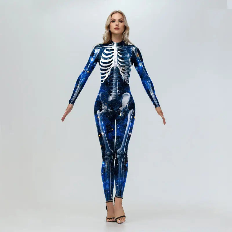 [Eres mi secreto] Cosplay Zombie Scary esqueleto mono estampado disfraz de fiesta de Halloween mono Zenti para mujer Día de los muertos
