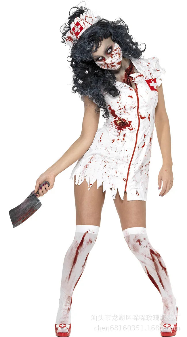 Disfraz de enfermera de zombis aterrador para adultos, vestido blanco Sexy, fiesta de Halloween, Cosplay, diseño de salpicaduras espeluznantes, el más nuevo traje de Halloween para mujer