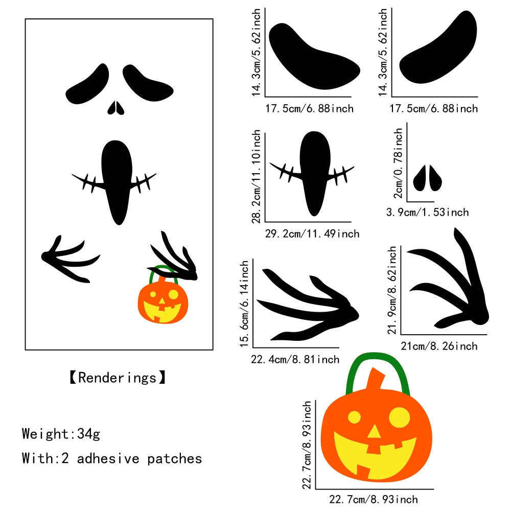 Decoración de Halloween pegatinas de puerta decoración de ventana esqueleto mano calabaza DIY diablo sombrero de bruja pegatinas de ventana de vidrio decoraciones para el hogar