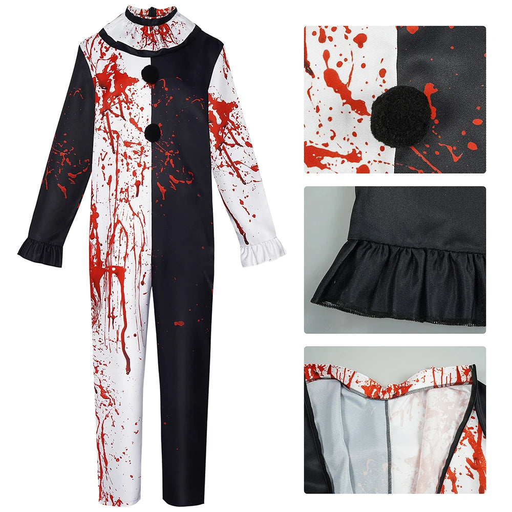 Disfraz de payaso terrorífico de película, vestido de mujer adulta, mono para hombre, mono con manchas de sangre, ropa, uniforme, ropa de Halloween