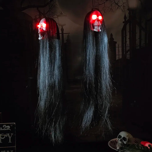 Colgante de esqueleto de fantasma de pelo largo para Halloween, barra de terror emisora de luz LED, decoración de Casa Encantada, suministros para fiestas, 1 ud.