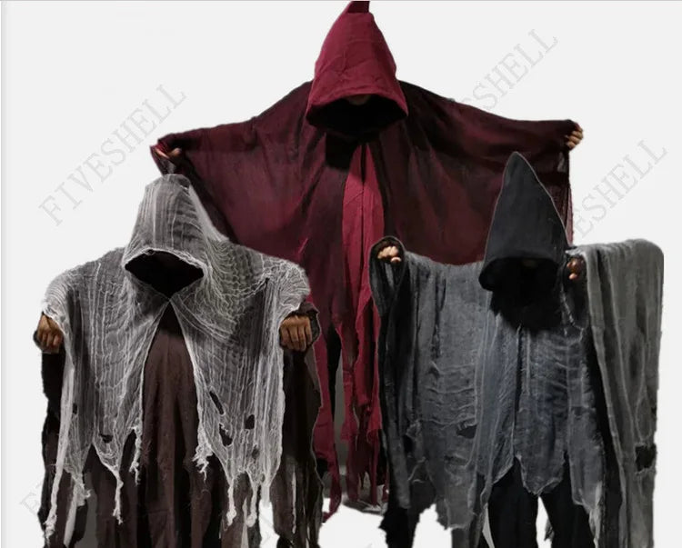 Disfraz de fantasma de Halloween Unisex, capa con capucha, accesorios de fiesta del Día de los muertos