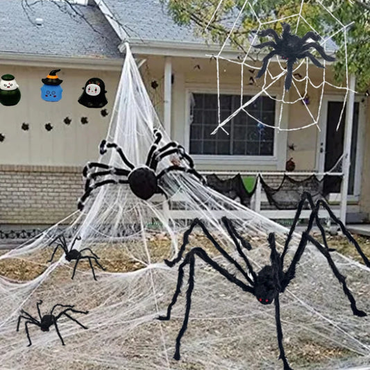 Decoración de telaraña de Halloween, accesorios grandes de araña negra para exteriores, accesorios falsos aterradores, decoración para fiesta de Halloween en el patio del hogar