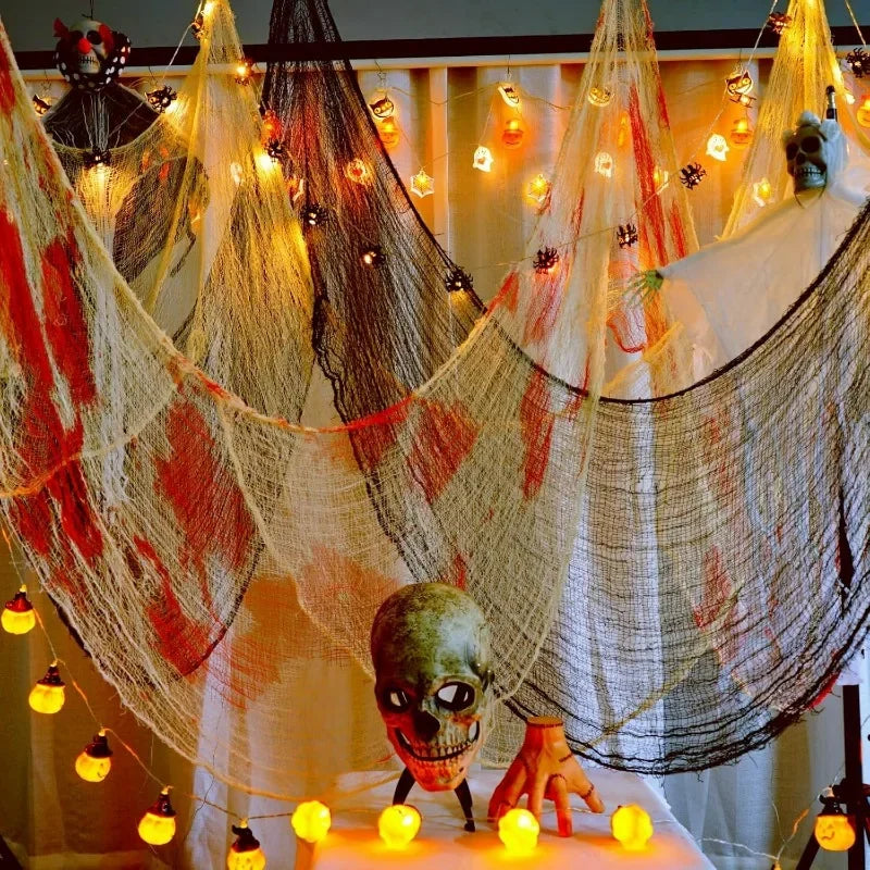 Tela de gasa espeluznante sangrienta para Halloween, gasa negra grande, tela de sangre espeluznante para fiesta de Halloween, decoración del patio al aire libre del hogar