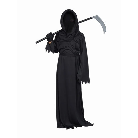 Disfraz de terror de Grim Reaper para Halloween, bata de fantasma espeluznante con capucha negra, disfraz de Cosplay para adultos, máscara de guadaña, utilería para fiesta