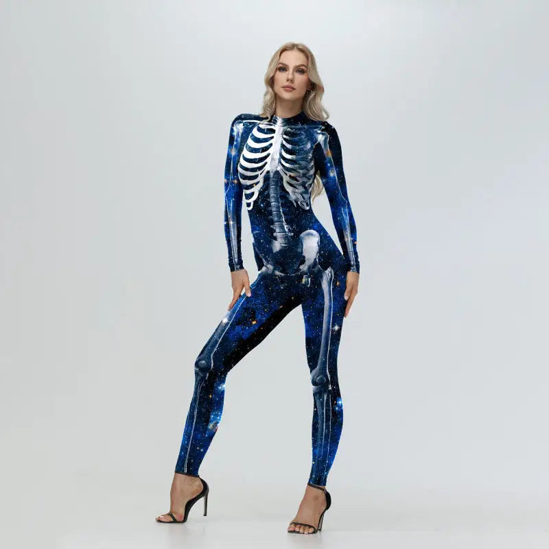 [Eres mi secreto] Cosplay Zombie Scary esqueleto mono estampado disfraz de fiesta de Halloween mono Zenti para mujer Día de los muertos