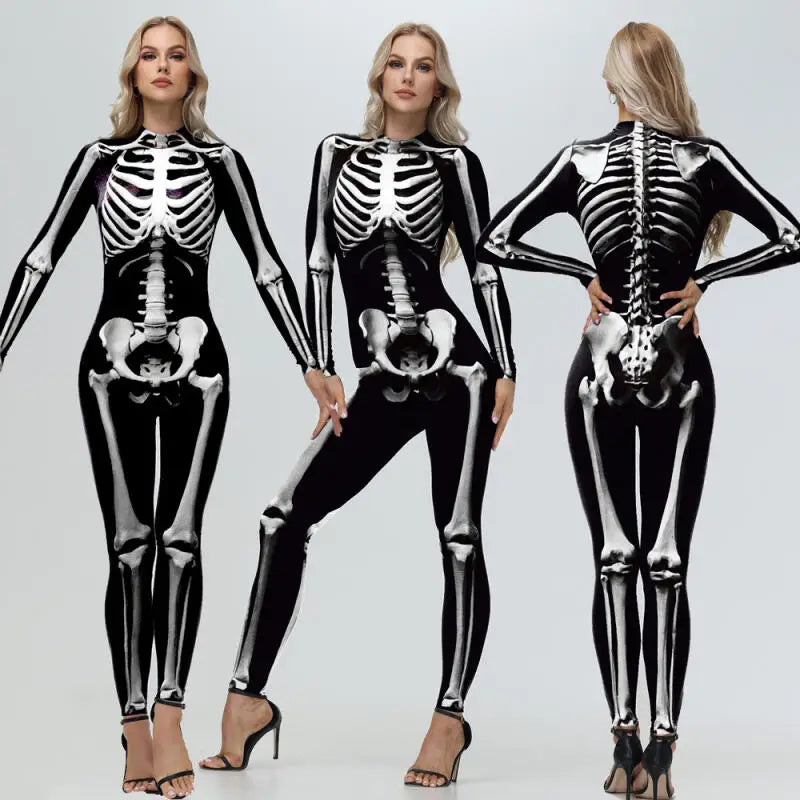 [Eres mi secreto] Cosplay Zombie Scary esqueleto mono estampado disfraz de fiesta de Halloween mono Zenti para mujer Día de los muertos