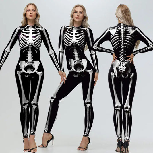 [Eres mi secreto] Cosplay Zombie Scary esqueleto mono estampado disfraz de fiesta de Halloween mono Zenti para mujer Día de los muertos