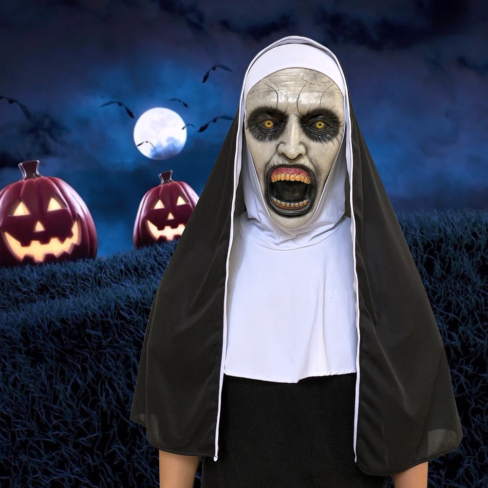 ZK20 Máscara de terror de monja de Halloween, máscaras de látex aterradoras para Cosplay con pañuelo para la cabeza, casco de cara completa, accesorios para fiesta de Halloween