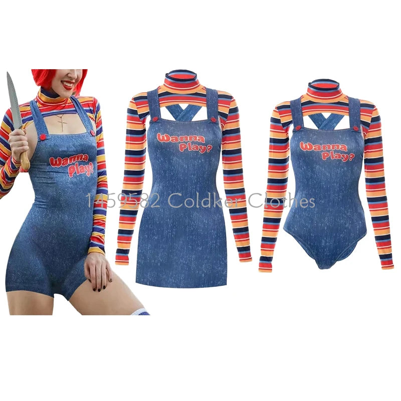 Disfraces de Halloween para mujer, 2 uds., muñeca asesina de pesadilla aterradora, traje de personaje de película, conjunto de disfraz de Cosplay de muñeca Chucky