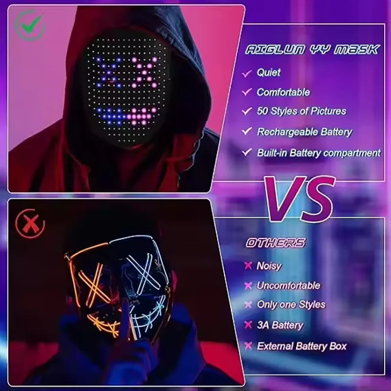 Máscara LED con detección de gestos que enciende la cara que transforma la máscara LED de Halloween para niños, hombres y mujeres, disfraz, fiesta de disfraces