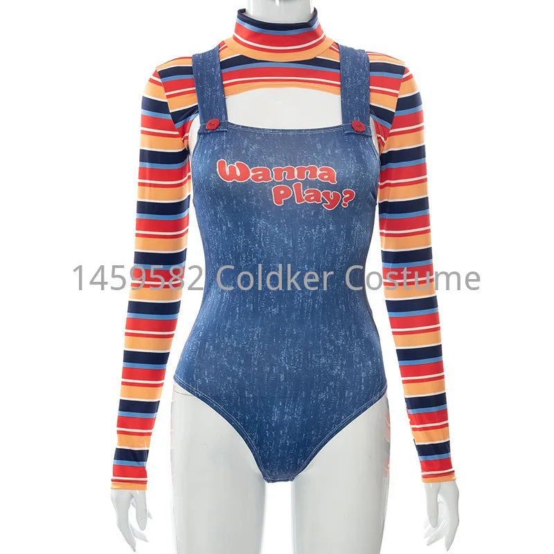 Disfraces de Halloween para mujer, 2 uds., muñeca asesina de pesadilla aterradora, traje de personaje de película, conjunto de disfraz de Cosplay de muñeca Chucky