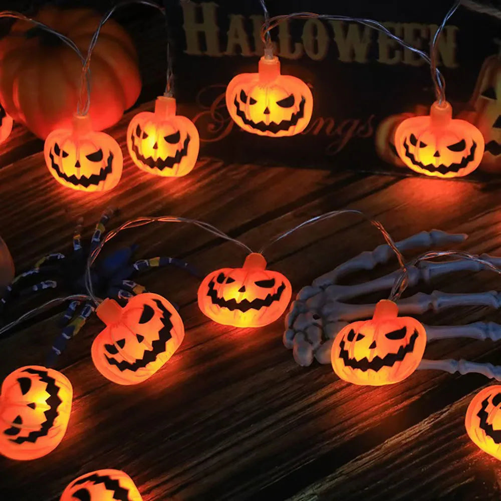 Luces de cadena LED para decoración de Halloween, lámpara colgante de telaraña fantasma de calabaza, accesorios de linterna para el hogar y al aire libre