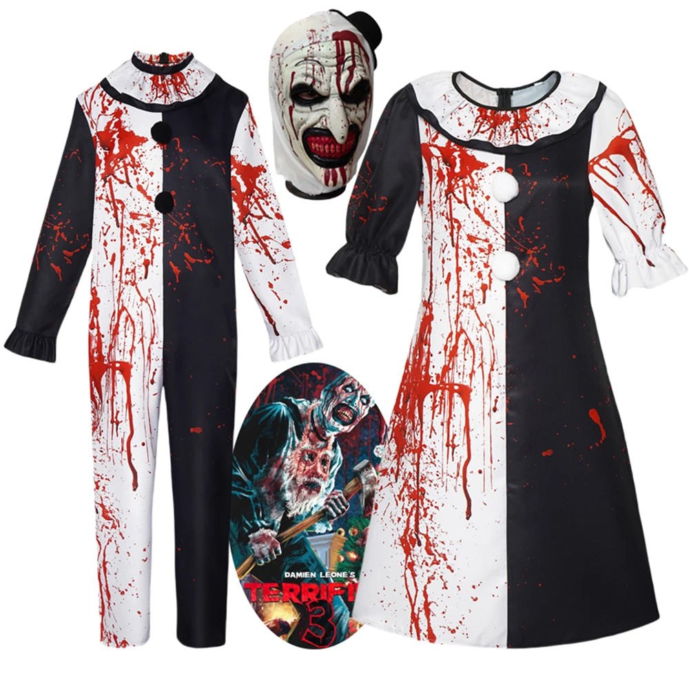 Disfraz de payaso terrorífico de película, vestido de mujer adulta, mono para hombre, mono con manchas de sangre, ropa, uniforme, ropa de Halloween