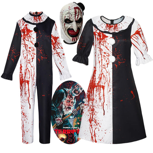 Disfraz de payaso terrorífico de película, vestido de mujer adulta, mono para hombre, mono con manchas de sangre, ropa, uniforme, ropa de Halloween