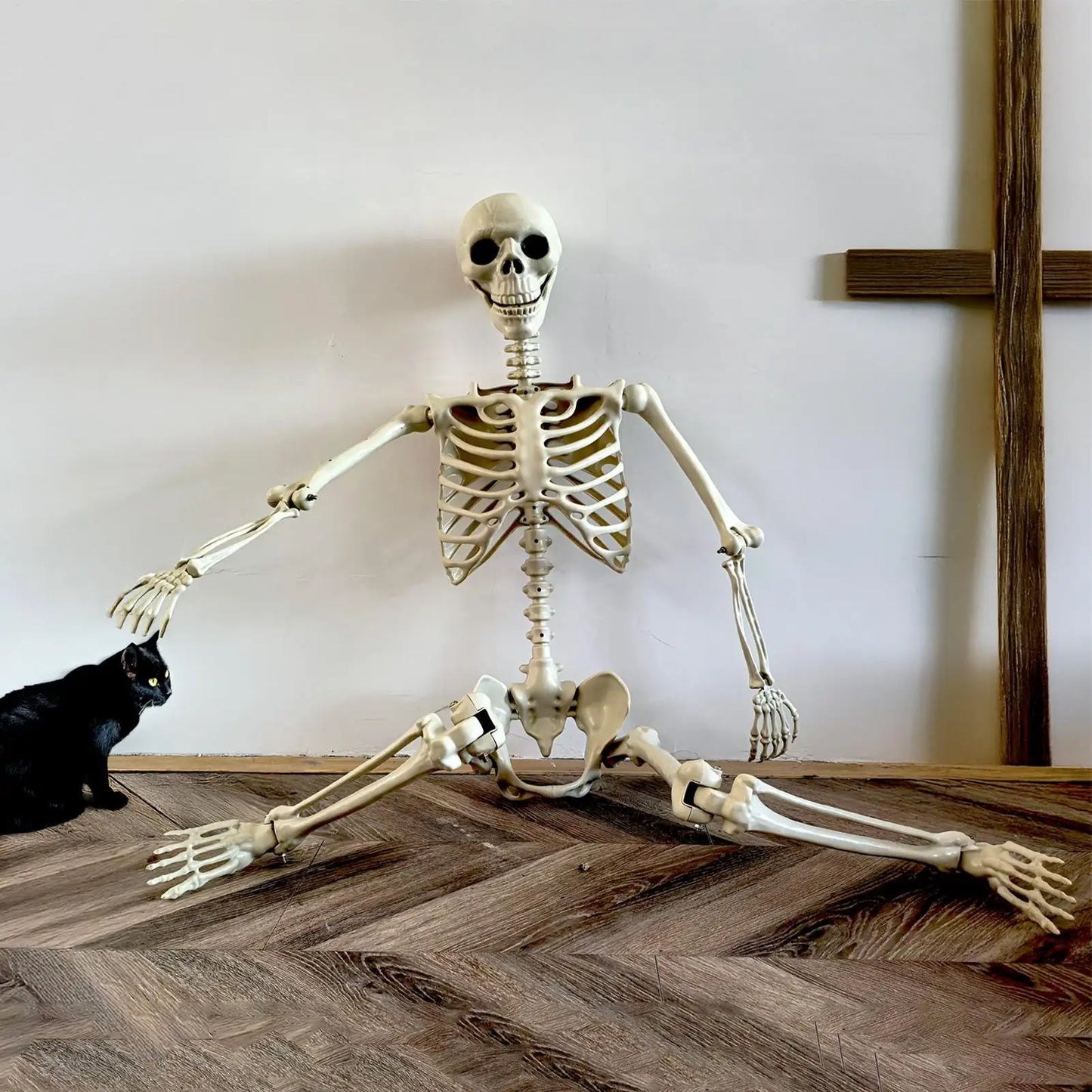 Esqueleto de Halloween, esqueleto humano de tamaño natural con articulaciones posables, decoración de jardín resistente a la intemperie, accesorios de fotografía espeluznantes para vacaciones
