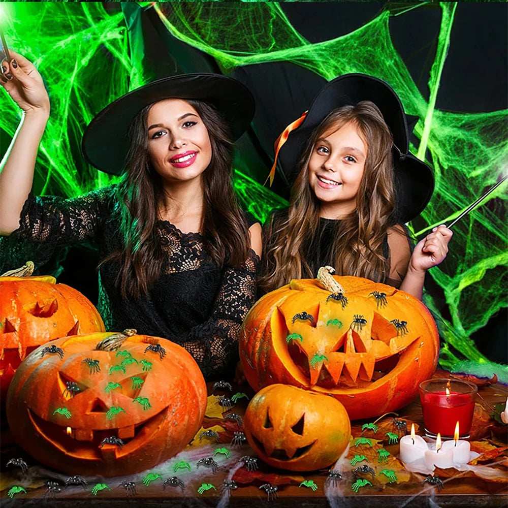 Telas de araña fluorescentes de Halloween, telarañas que brillan en la oscuridad, telaraña de Halloween, decoraciones de terror al aire libre