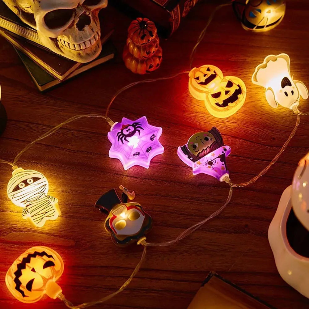 Luces de cadena LED para decoración de Halloween, lámpara colgante de telaraña fantasma de calabaza, accesorios de linterna para el hogar y al aire libre