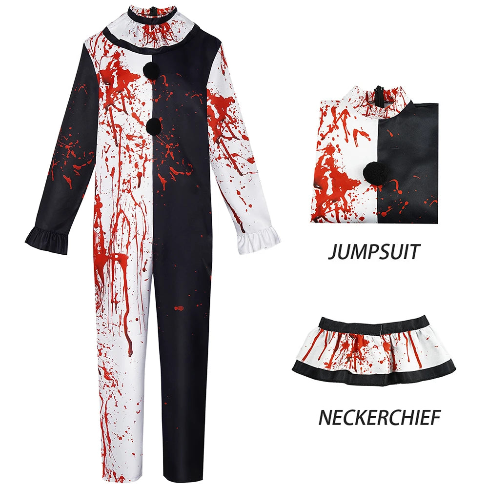 Disfraz de payaso terrorífico de película, vestido de mujer adulta, mono para hombre, mono con manchas de sangre, ropa, uniforme, ropa de Halloween