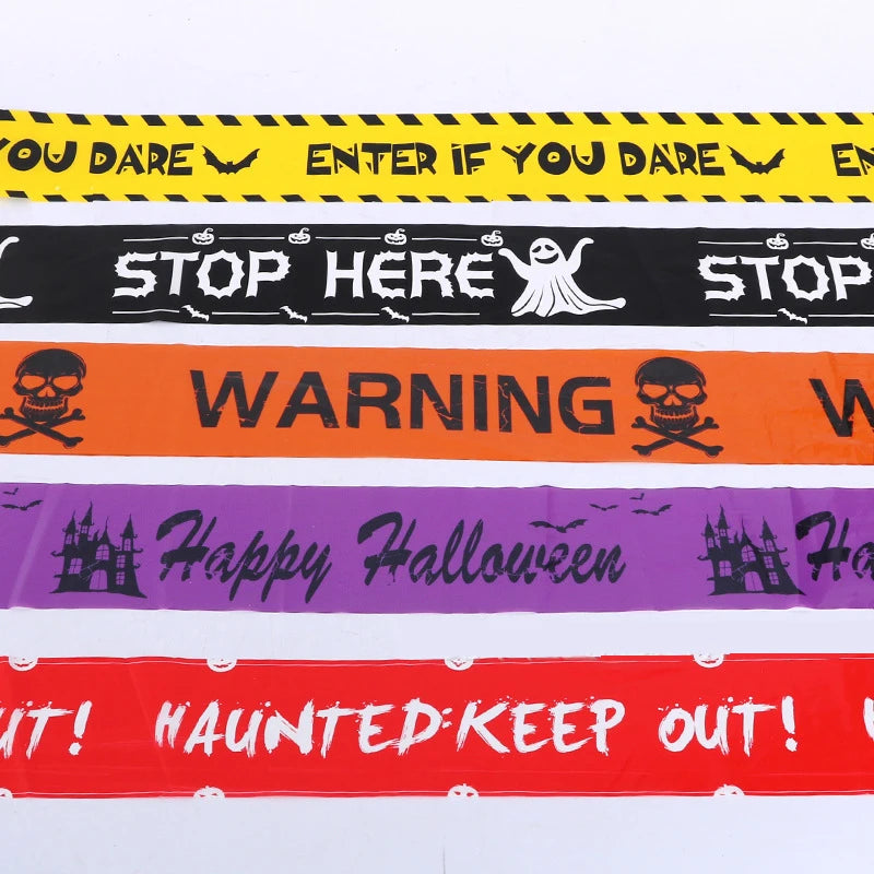 Nuevo 1 pieza de accesorios de Halloween, línea de advertencia de ventana, cinta de advertencia de cabeza de calavera de plástico, señales, decoración de Halloween, lote de globos de bruja