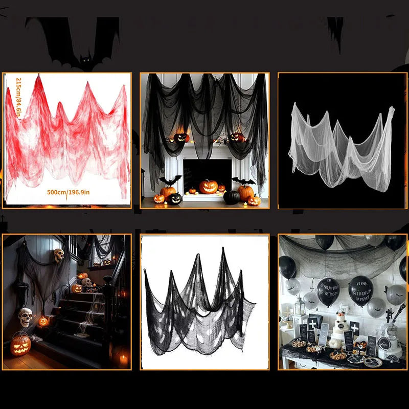 Decoración de Halloween, gasa blanca y negra, mancha de sangre, accesorios para casa de terror, gasa colgante para pared al aire libre, decoraciones góticas para festivales