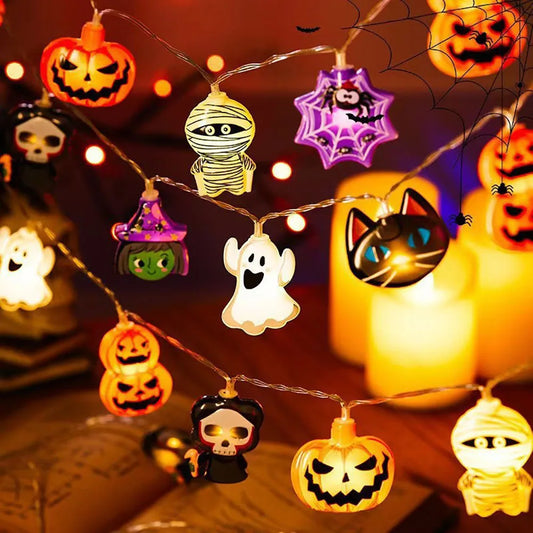Luces de cadena LED para decoración de Halloween, lámpara colgante de telaraña fantasma de calabaza, accesorios de linterna para el hogar y al aire libre