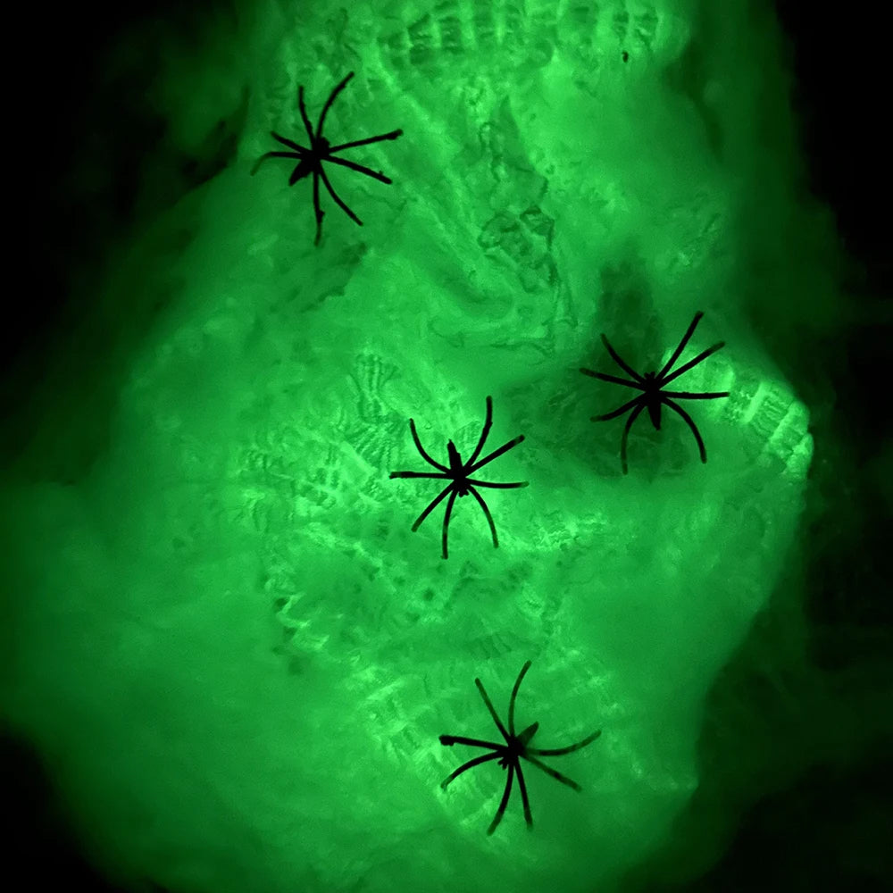 Telas de araña fluorescentes de Halloween, telarañas que brillan en la oscuridad, telaraña de Halloween, decoraciones de terror al aire libre