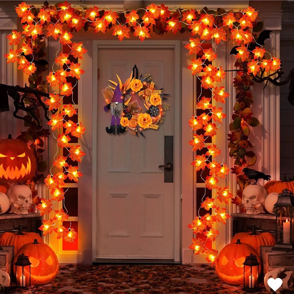 Guirnalda de luces LED para Halloween de 2/3/6M, guirnalda de farol de hoja de arce artificial, decoraciones para el hogar del Día de Acción de Gracias de Navidad y Halloween