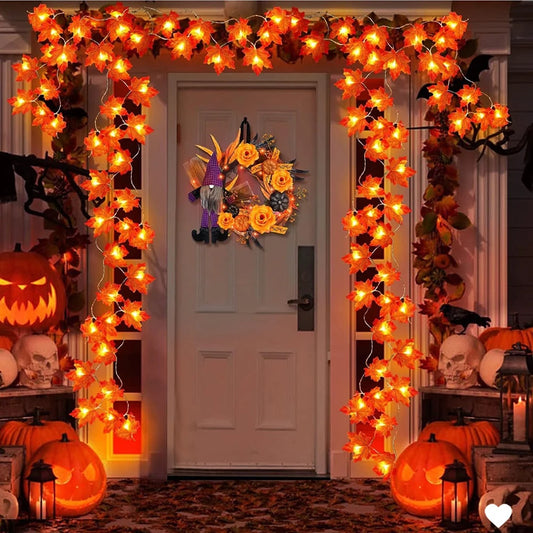 Guirnalda de luces LED para Halloween de 2/3/6M, guirnalda de farol de hoja de arce artificial, decoraciones para el hogar del Día de Acción de Gracias de Navidad y Halloween