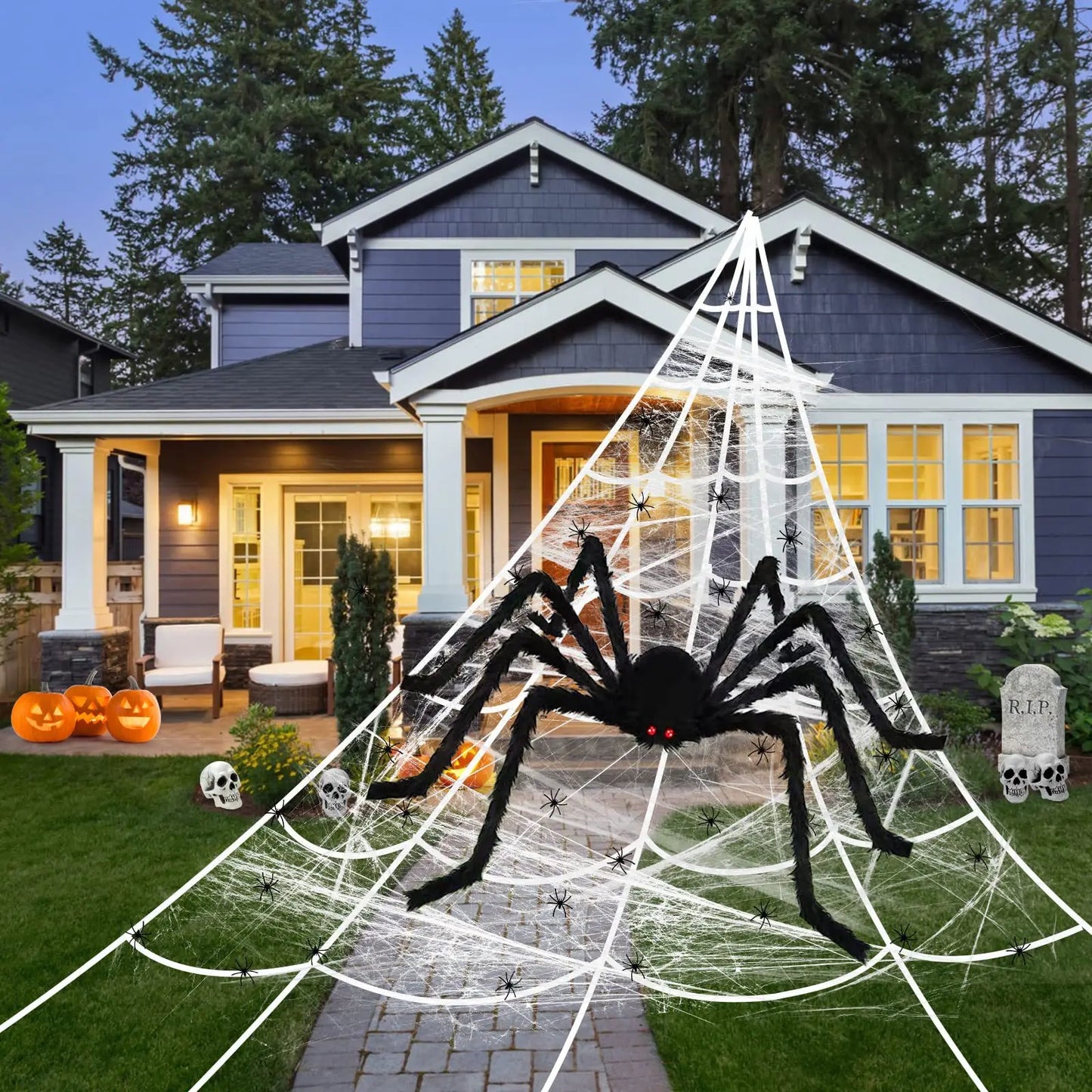 Decoración de telaraña de Halloween, accesorios grandes de araña negra para exteriores, accesorios falsos aterradores, decoración para fiesta de Halloween en el patio del hogar