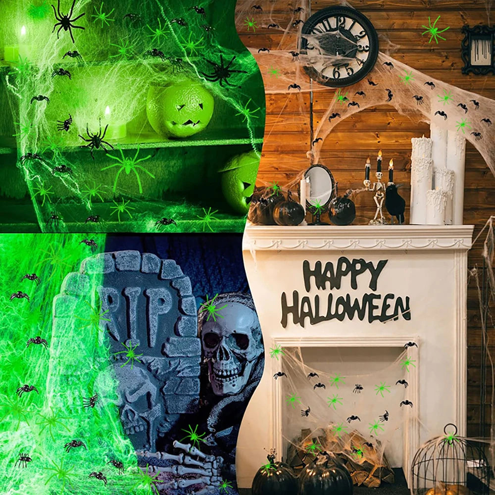 Telas de araña fluorescentes de Halloween, telarañas que brillan en la oscuridad, telaraña de Halloween, decoraciones de terror al aire libre