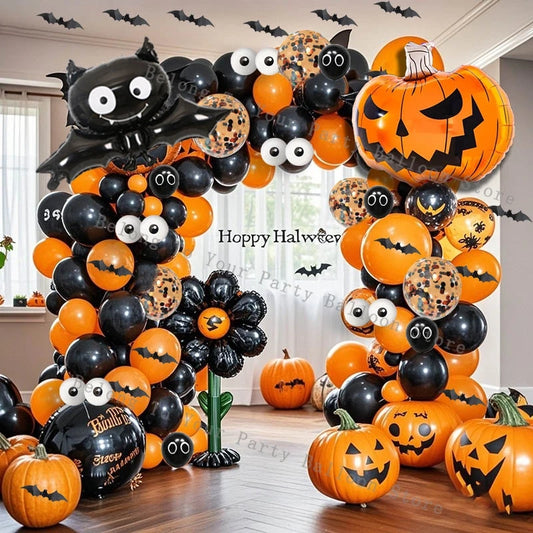 Kit de arco de guirnalda de Globos de calabaza para Halloween, Globo naranja y negro, pegatina de murciélago 3D, Globos de ojos, decoraciones para fiesta de cumpleaños y Halloween
