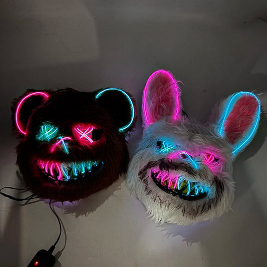Máscara de conejo sangriento LED, mascarada de baile de terror, decoración de Cosplay, máscara de conejo asesino brillante, máscara de oso sangriento aterrador para hombres