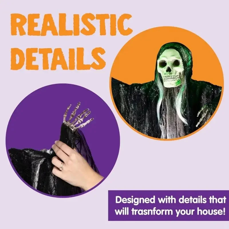 Esqueleto colgante de Halloween, decoraciones de fantasmas, Reapers Grim para Halloween, Control de sonido al aire libre, fantasma iluminado